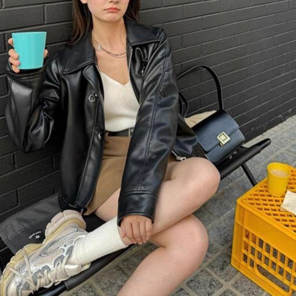 Damen Kunstlederjacke Klassisches Revers