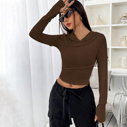 Damen Crop- Langarm Kapuze Elegantes Design