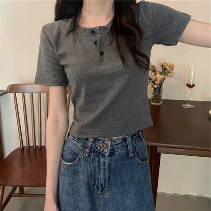 Damen Kurzarm Henley-Shirt Baumwolle Norvielle
