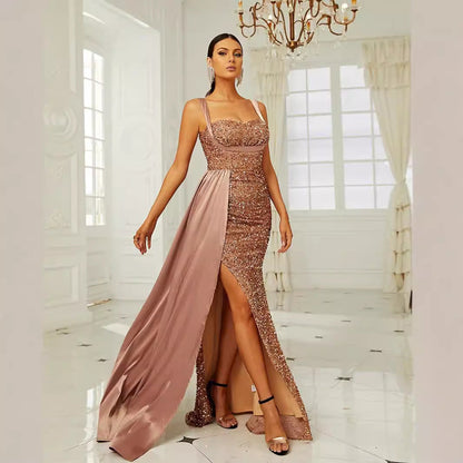 Damen Abendkleid mit tiefem Schlitz Paillettenverzierung Norvielle