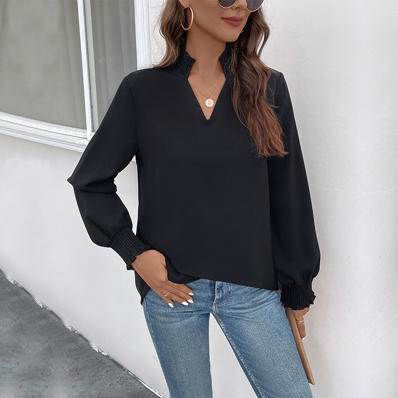 Damen Viskose Bluse mit Puffärmeln und V-Ausschnitt - Norvielle