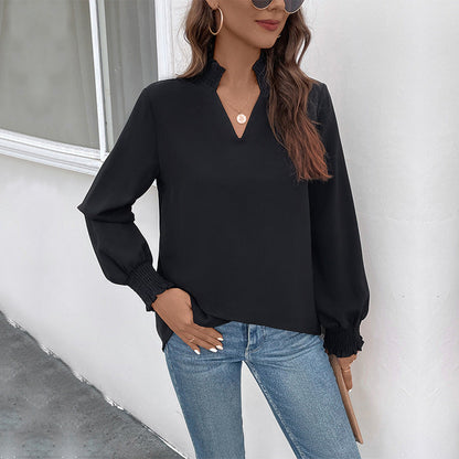 Damen Viskose Bluse mit Puffärmeln und V-Ausschnitt - Norvielle