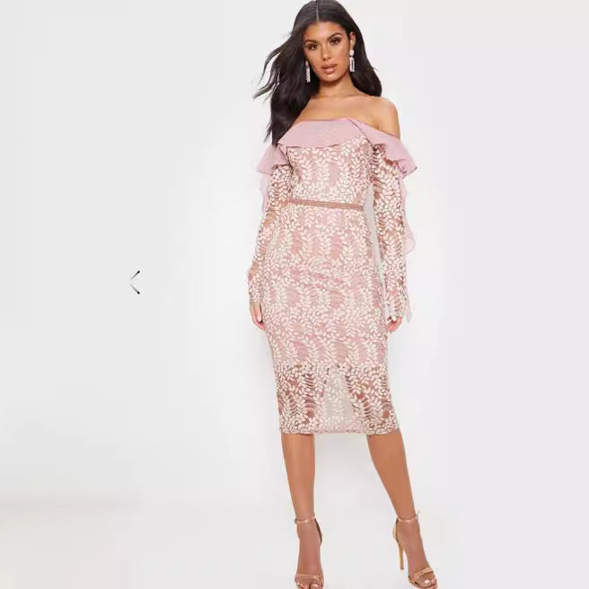 Damen Off-Shoulder Spitzenkleid Voluminöse Rüschen Figurbetont