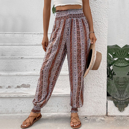Damen Haremshose Elastischer Bund Bunter Ethnodruck