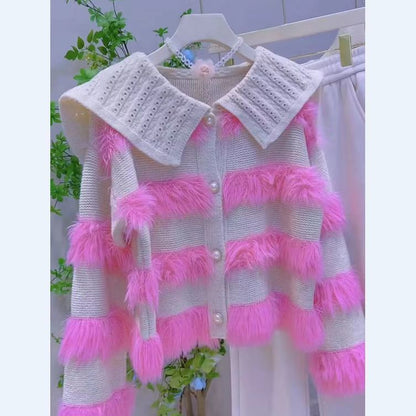 Damen Strickjacke Geflochtener Kragen Kunstfell Applikationen