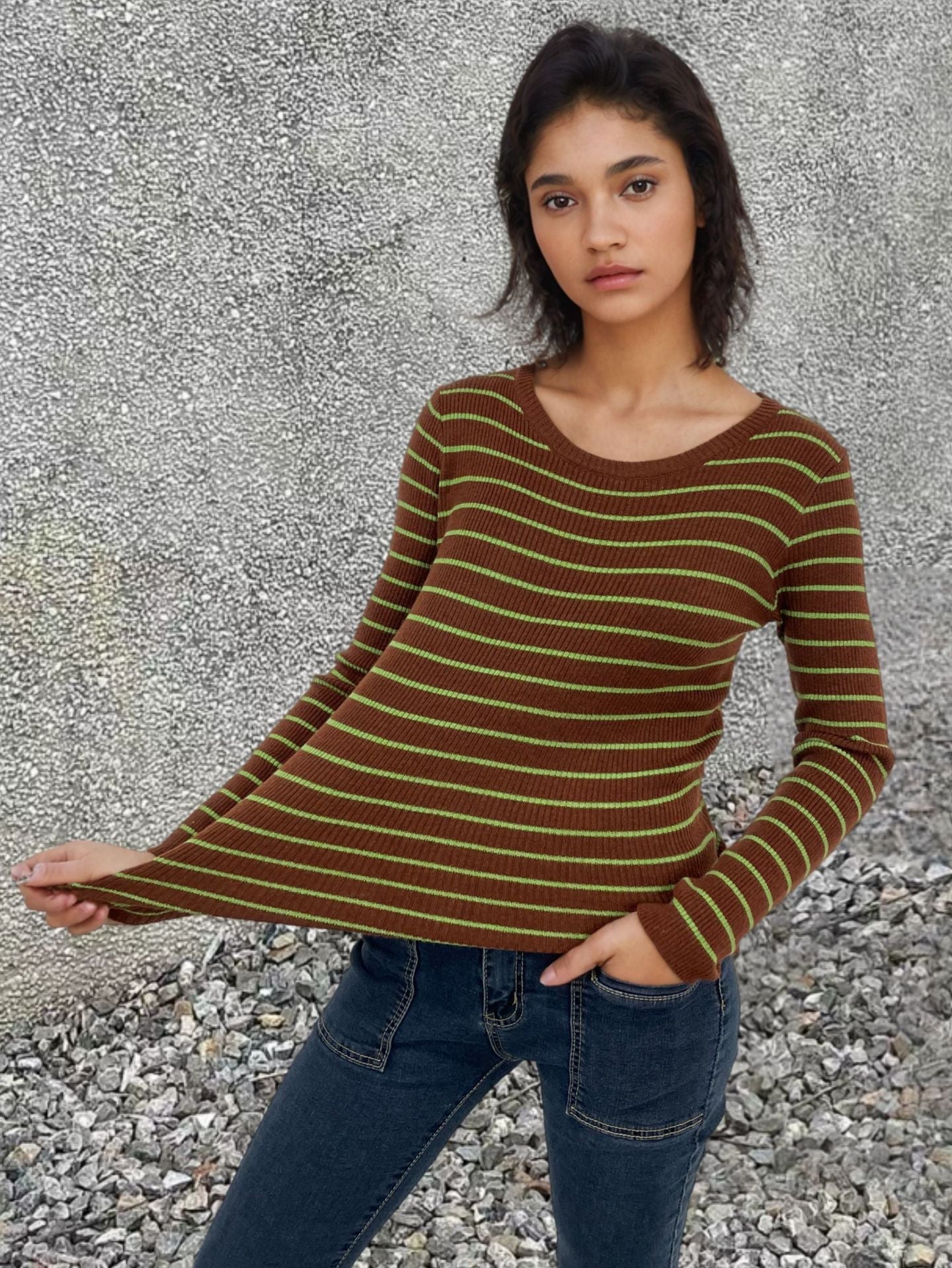 Damen Rippenpullover Gestreift Verlängerte Ärmel Norvielle