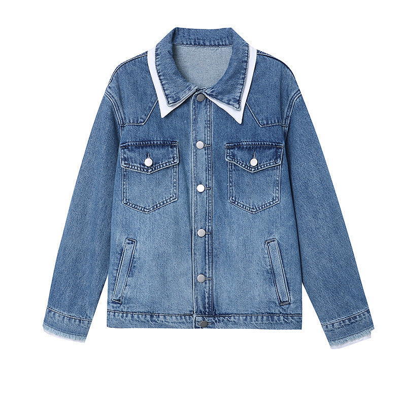 Damen Oversized Jeansjacke mit Kragen und Taschen