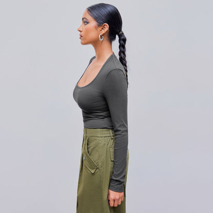 Damen Langarmshirt Rundhalsausschnitt Rippstruktur Norvielle