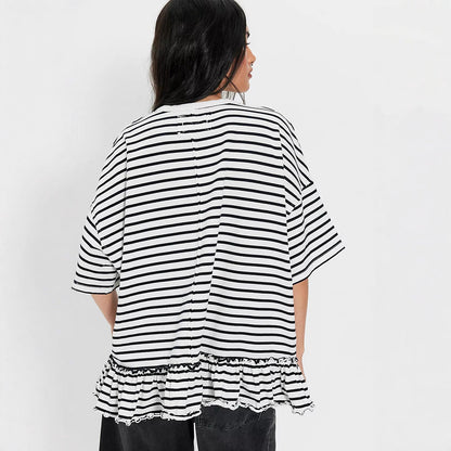 Damen Oversized Streifen T-Shirt mit Rüschen Weiß-