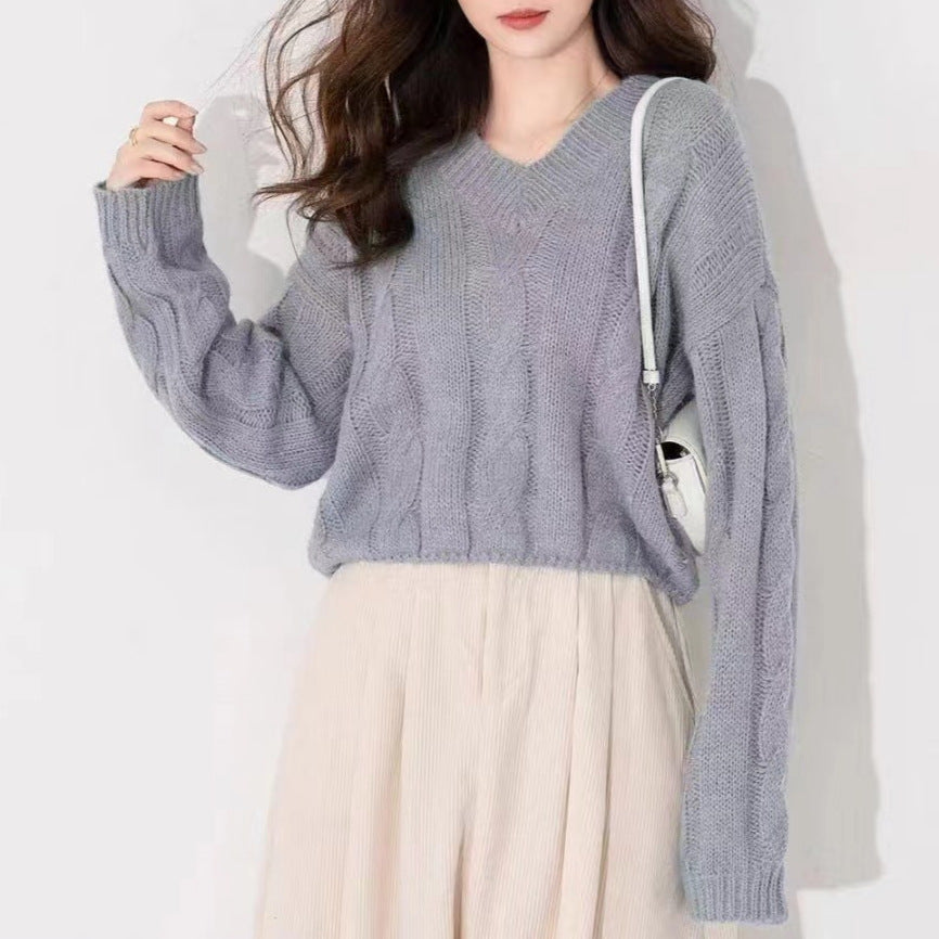 Damen Strickpullover V-Ausschnitt Zopf-Muster Norvielle