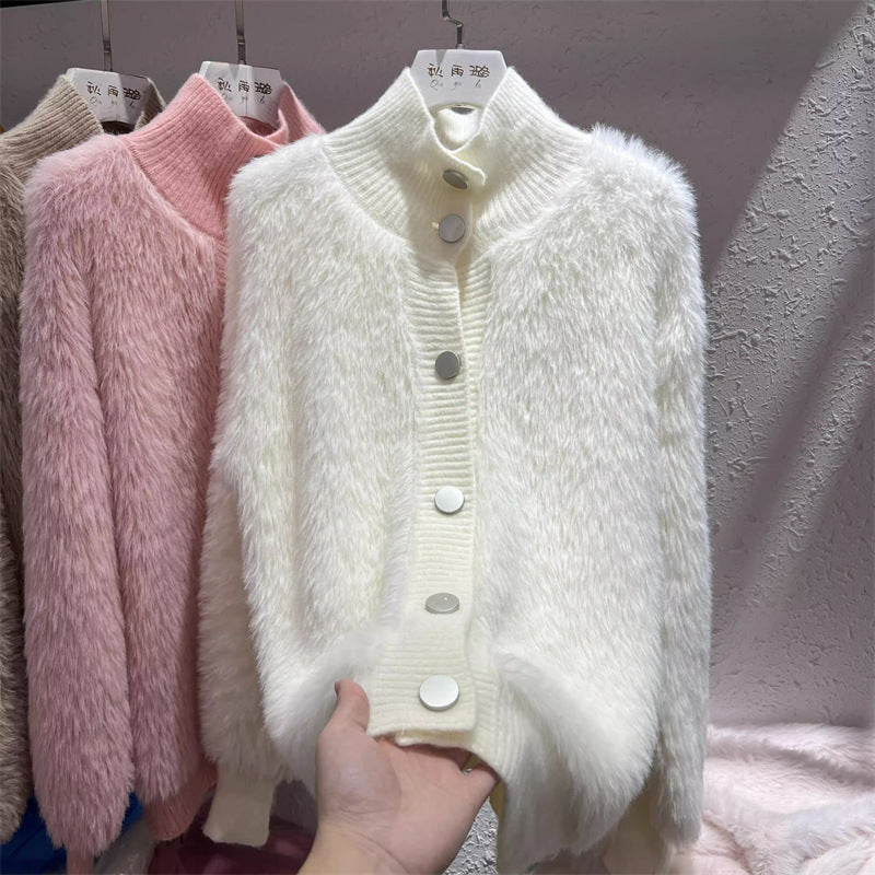 Damen Strickjacke Kuschelig Knopfverschluss Hochkragen Norvielle