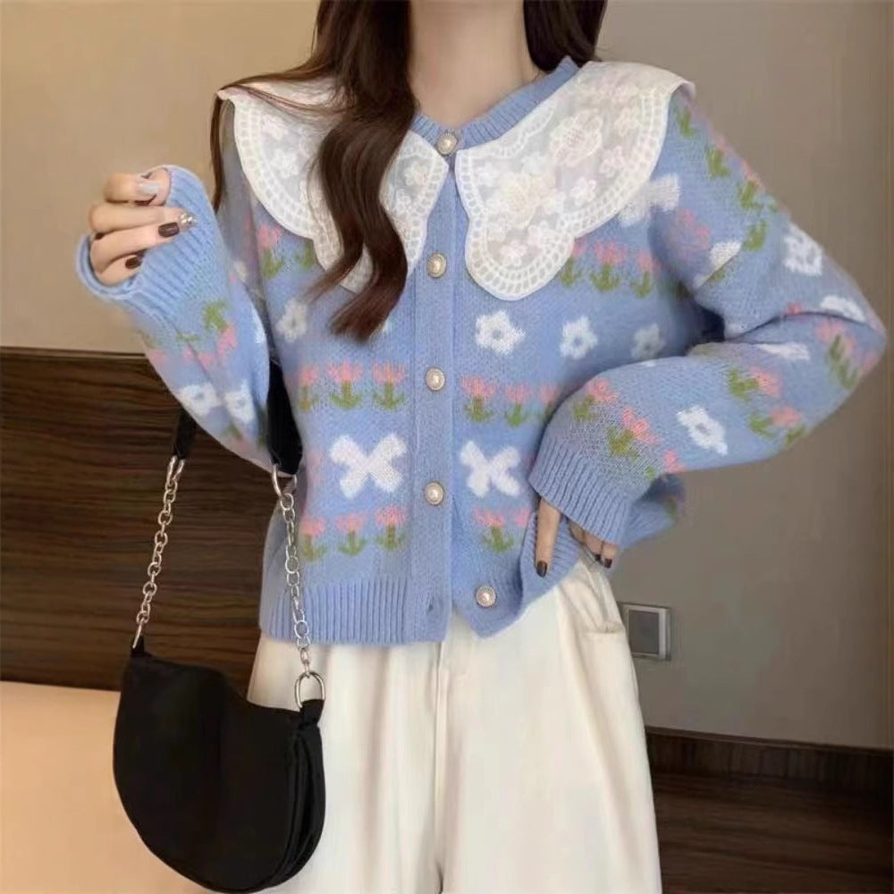 Damen Strickjacke Floralmuster Großkragen Norvielle - Norvielle