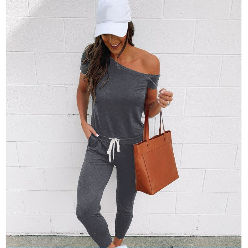 Damen Jumpsuit Asymmetrischer Ausschnitt Hohe Taillenbetonung