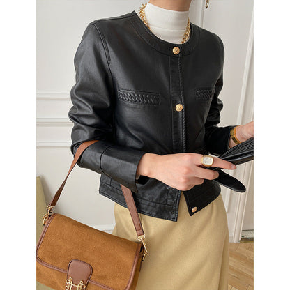 Damen Lederjacke Moderner Stil Dekorative Taschen Elegant Schwarz - Norvielle