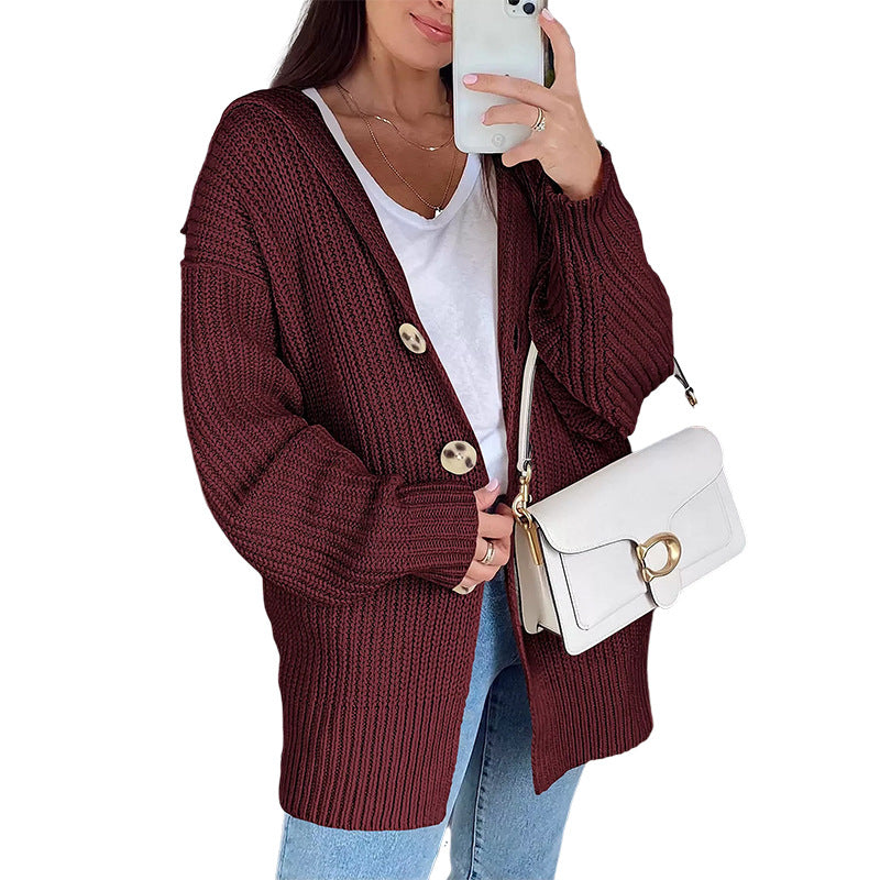 Damen Oversize Strickjacke Weiches Material Holzknöpfe Beige