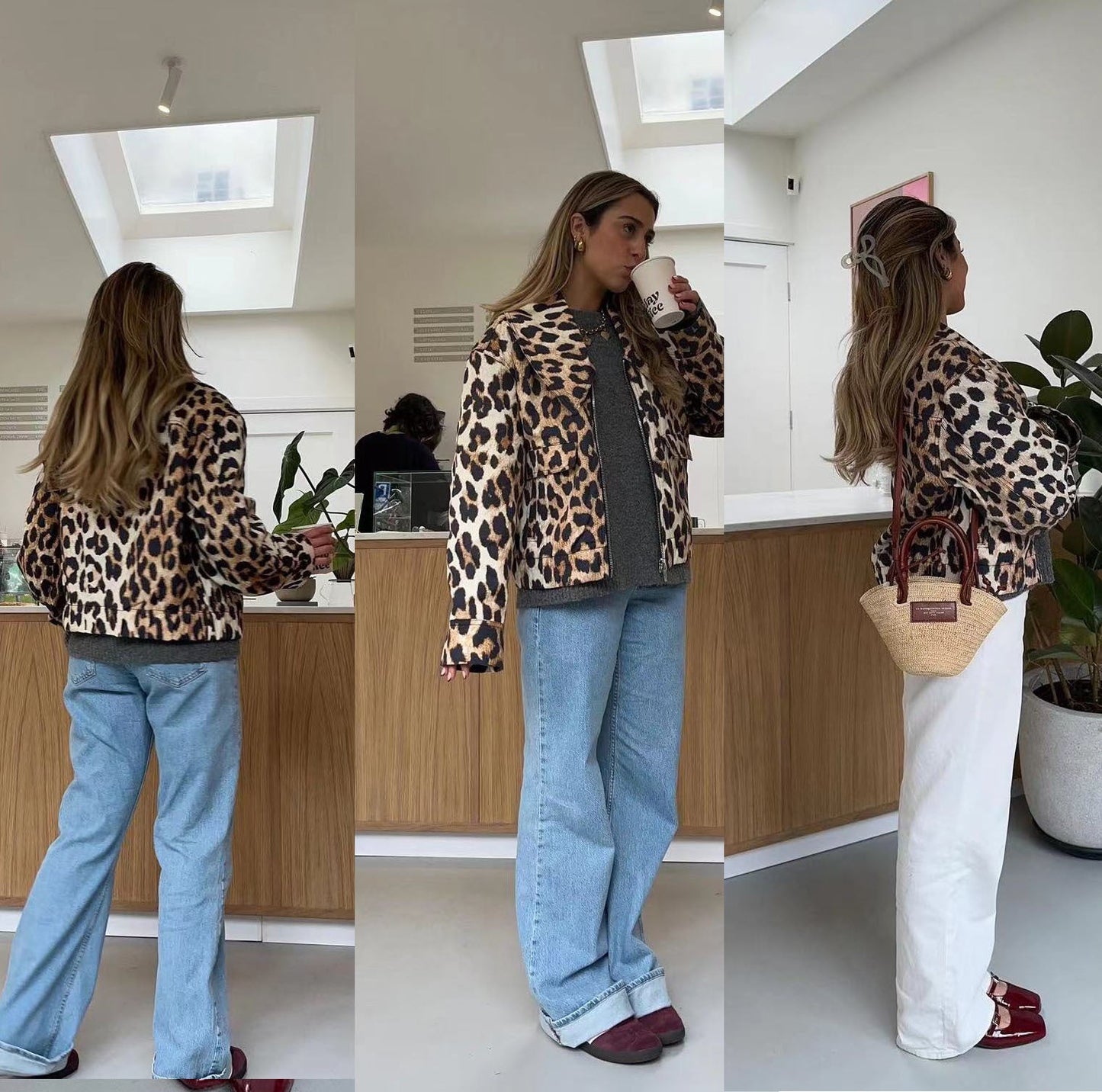 Damen Leopardenjacke Kurz Urbaner Stil Praktische Taschen Norvielle - Norvielle