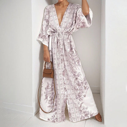 Damen Maxikleid Fließend Florales Design Weite Ärmel Norvielle