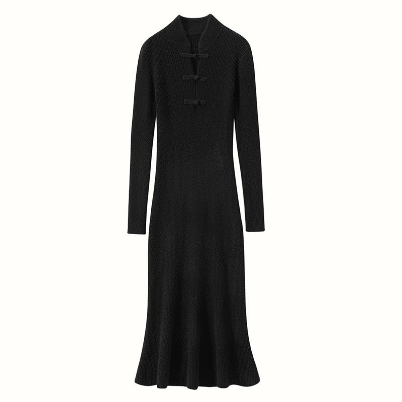 Damen Strickkleid Hochkragen Dekorative Knöpfe Norvielle