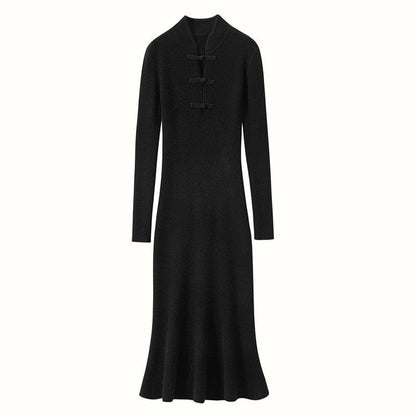Damen Strickkleid Hochkragen Dekorative Knöpfe Norvielle