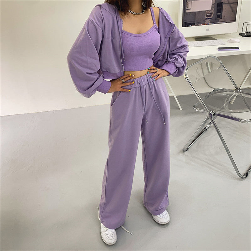 Damen Drei-Teiliges Set Cropped Hoodie Tanktop Weite Hosen - Norvielle