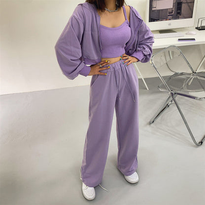 Damen Drei-Teiliges Set Cropped Hoodie Tanktop Weite Hosen - Norvielle