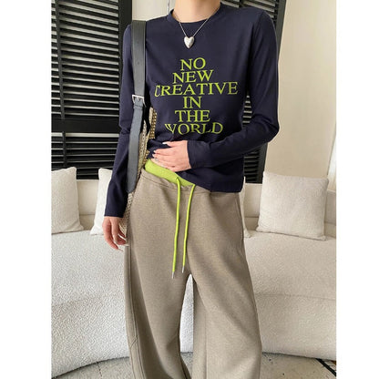 Damen Langarmshirt Kreativer Aufdruck Modischer Schnitt Weiß