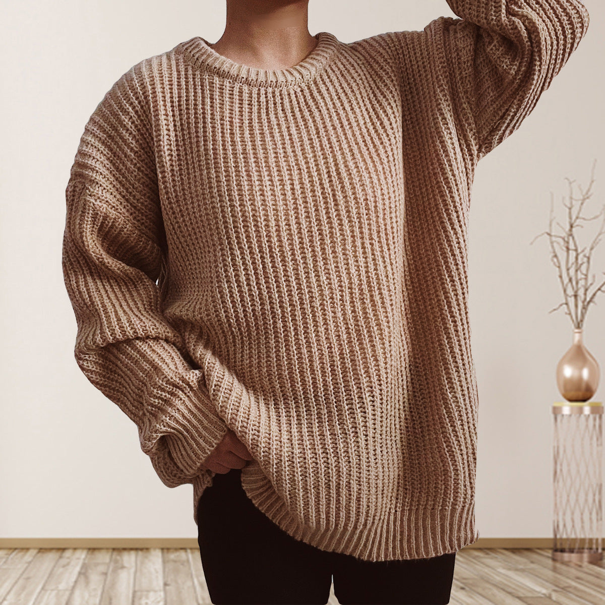 Damen Grobstrickpullover Überschnittene Schultern Beige