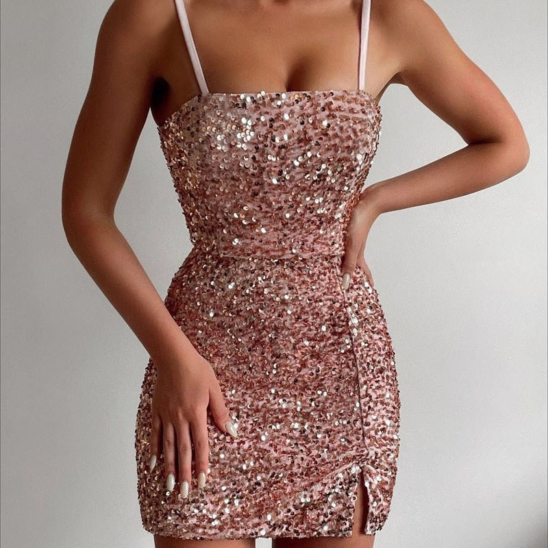 Damen Pailletten-Kleid mit Schlitzen und Spaghetti-Trägern Norvielle - Norvielle