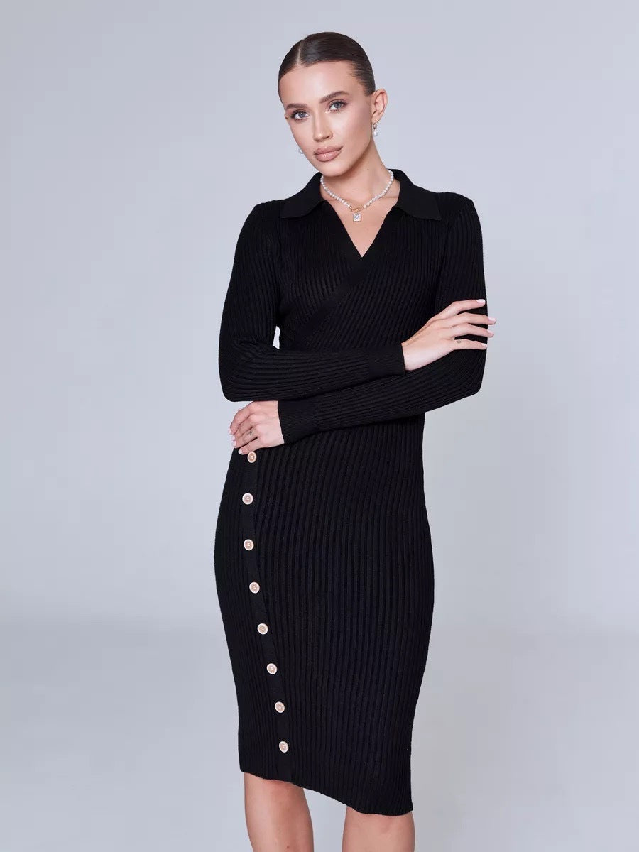 Damen Strickkleid Klassischer Kragen Knöpfe Beige