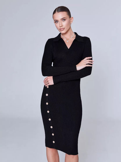 Damen Strickkleid mit Knöpfen V-Ausschnitt Norvielle