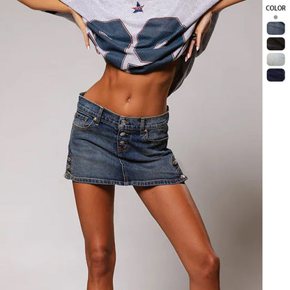 Damen Minirock Denim Knöpfe Seitentaschen Blau - Norvielle