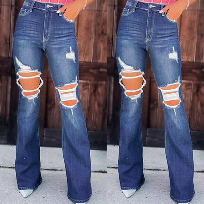 Damen Destroyed Jeans Flared Style Hohe Taschen Ausgefranster Saum