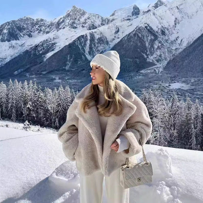 Damen Plüschjacke Reverskragen Taschen Norvielle
