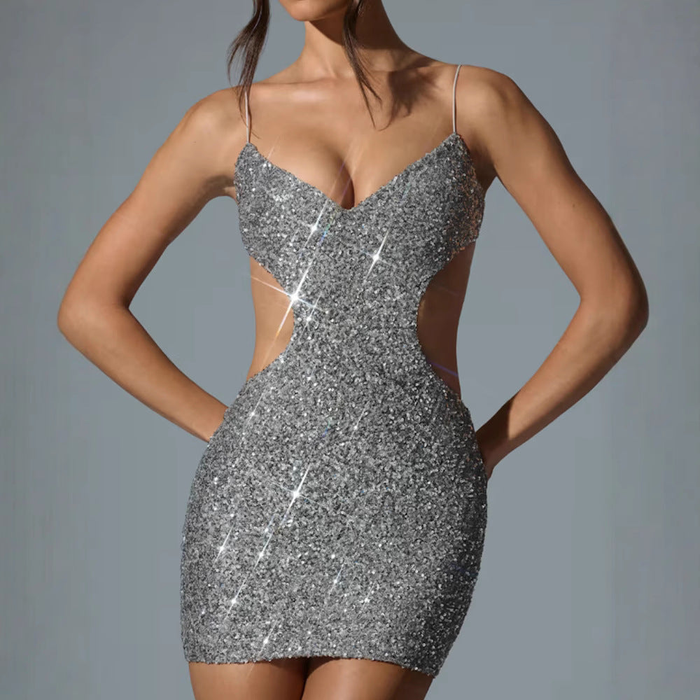Damen Minikleid Glitzernd Cut-Out Spaghettiträger schimmernd