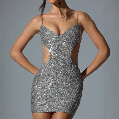 Damen Minikleid Glitzernd Cut-Out Spaghettiträger schimmernd