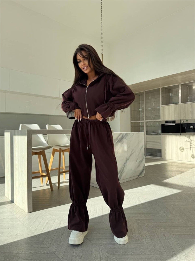 Damen Sportliches Zwei-Teiler-Set Cropped Kapuzenpullover und weite