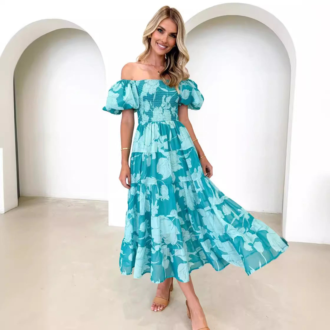 Damen Maxikleid Puffärmel Floralmuster Norvielle