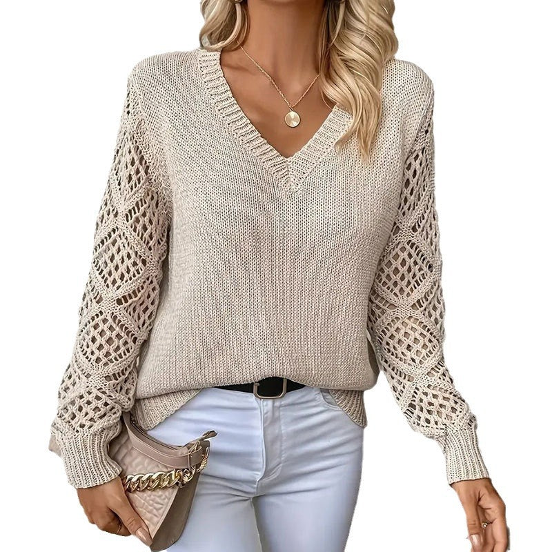 Damen Strickpullover V-Ausschnitt Lochmuster Norvielle