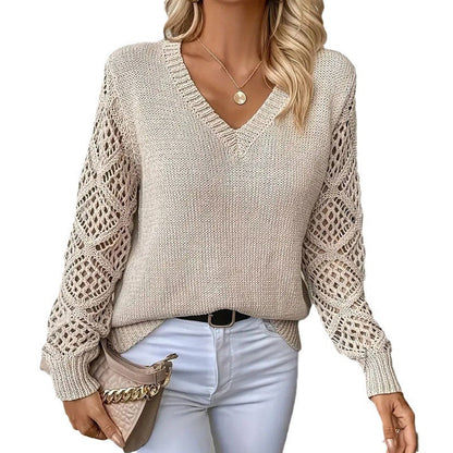 Damen Strickpullover V-Ausschnitt Lochmuster Norvielle