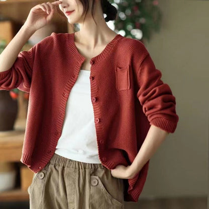 Damen Strickcardigan Leicht Knöpfe Taschen Beige