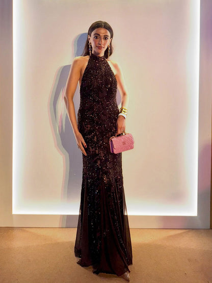 Damen Abendkleid Paillettenbesatz Halterdesign