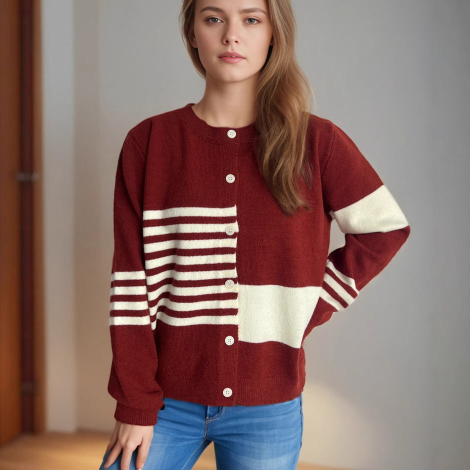 Damen Strickjacke Kontraststreifen Elegante Knöpfe Norvielle