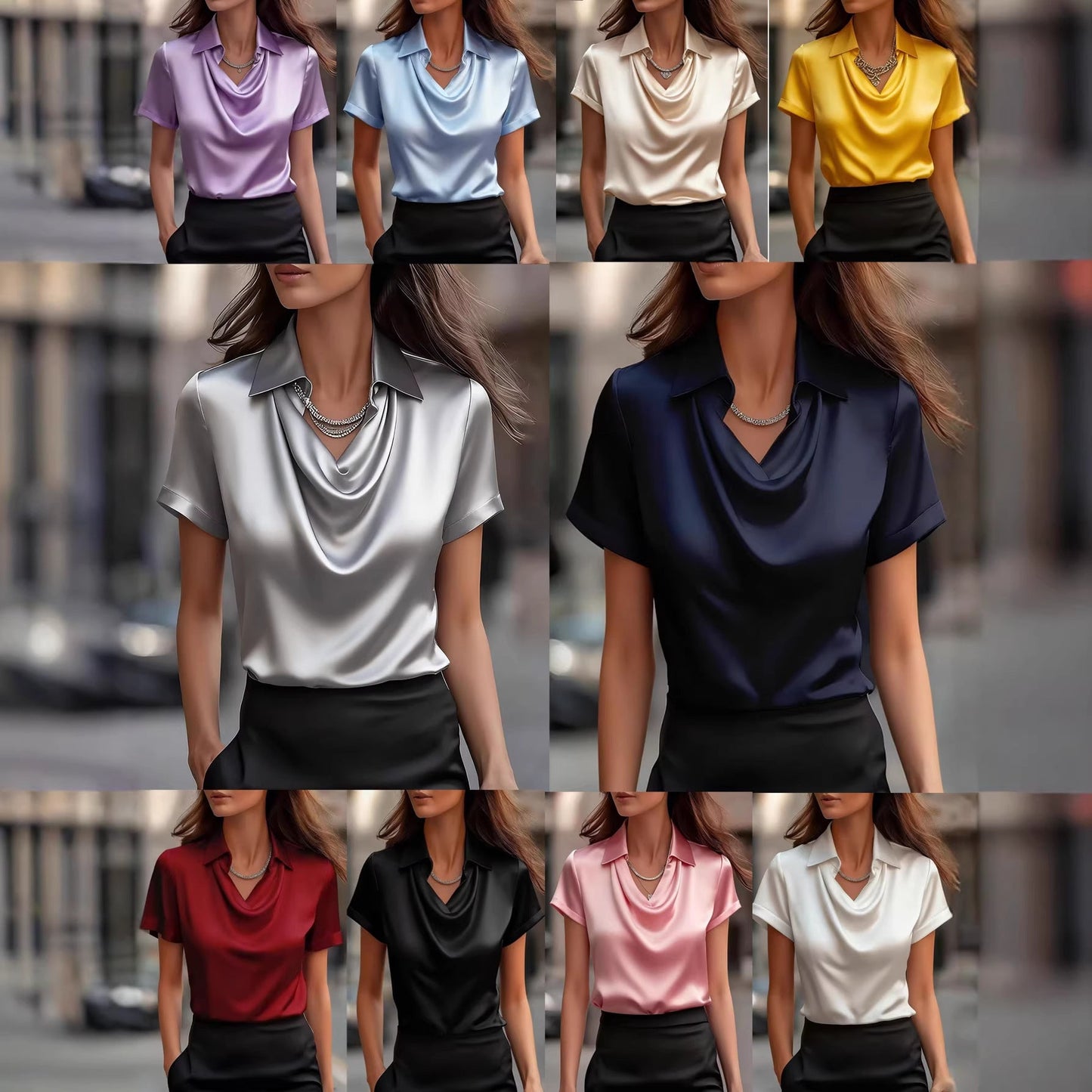 Damen Satinbluse Weich Norvielle Eleganter Kragen - Norvielle