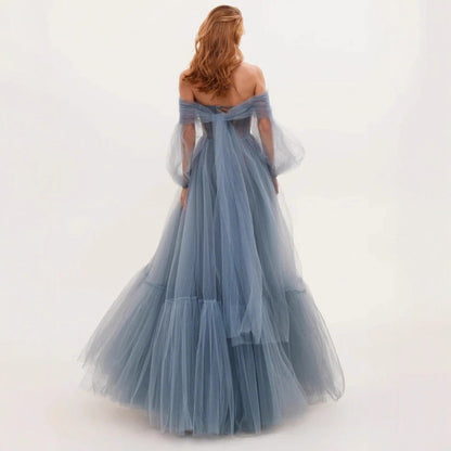Damen Cocktailkleid Schulterfrei Tüll Voluminöse Ärmel Norvielle