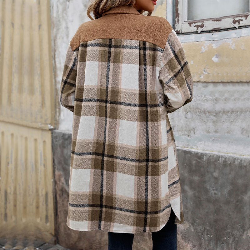 Damen Karierte Langarmjacke Baumwolle Moderne Taschen weiß