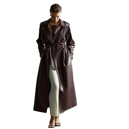 Damen Trenchcoat Kunstleder Mit Gürtel