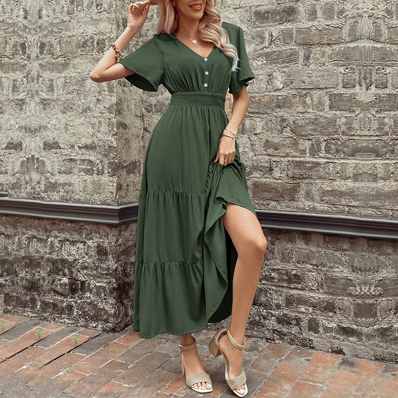Damen Maxikleid Rüschen Details Taillengürtel Norvielle
