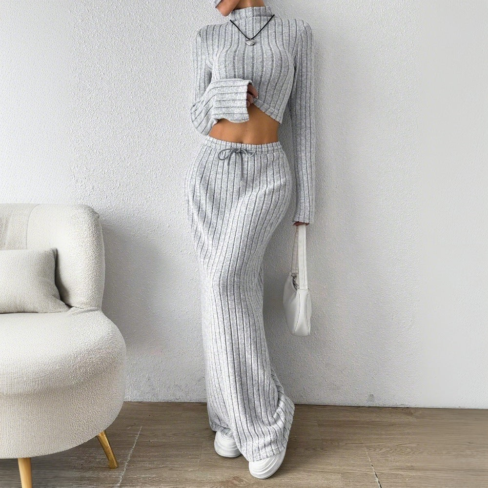 Damen Langarm Crop- und Maxi-Rock Set Rippstruktur Elegant
