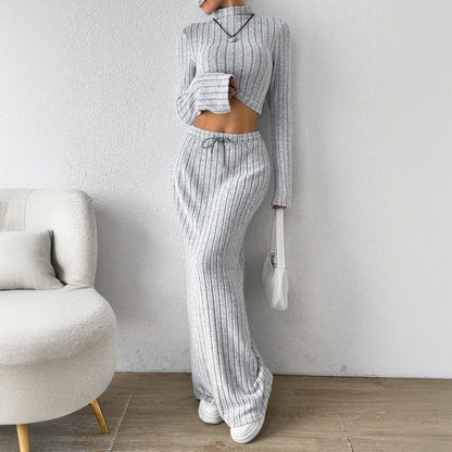 Damen Langarm Crop- und Maxi-Rock Set Rippstruktur Elegant