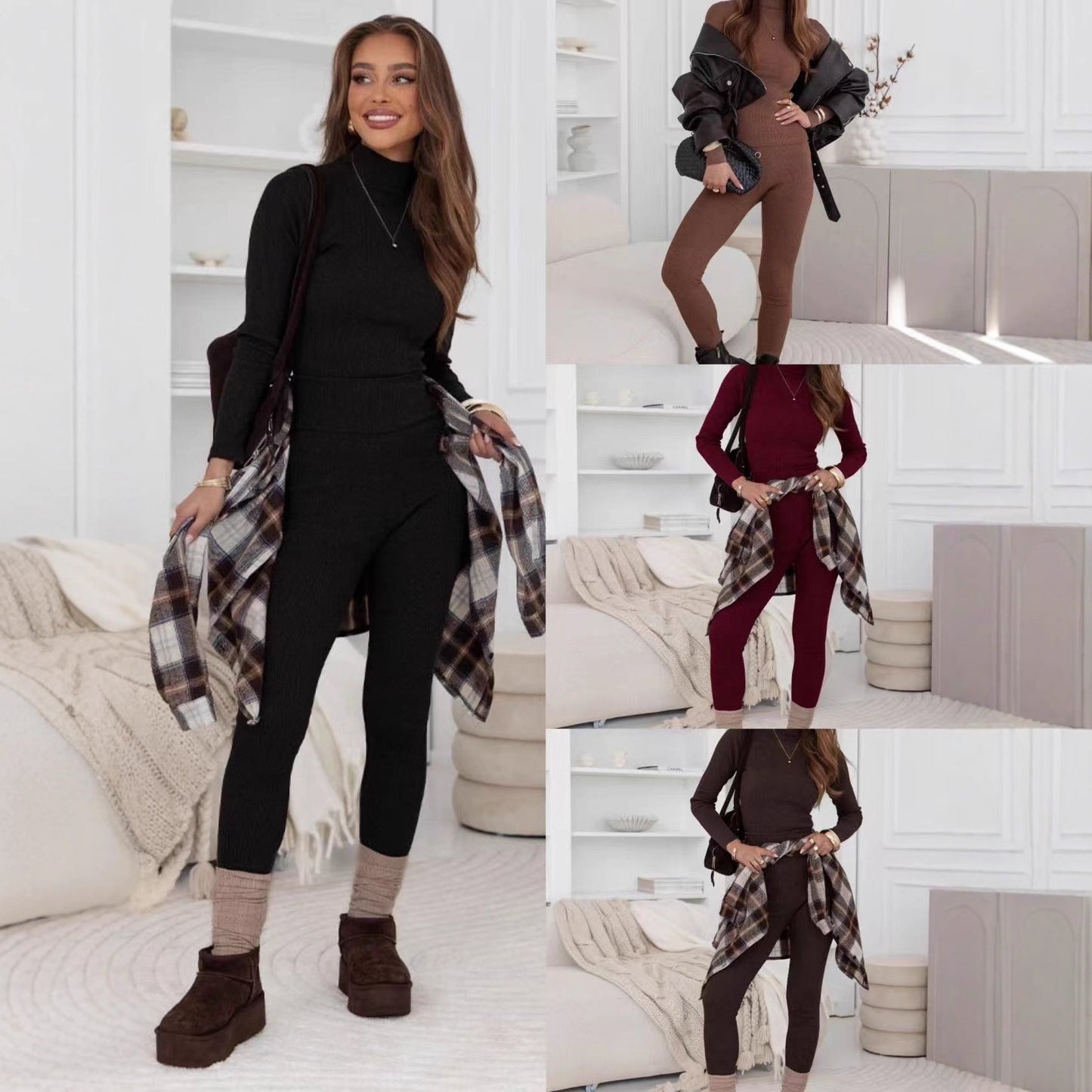 Damen Leggings-Set mit Hochgeschlossenem Oberteil Rippstruktur - Norvielle